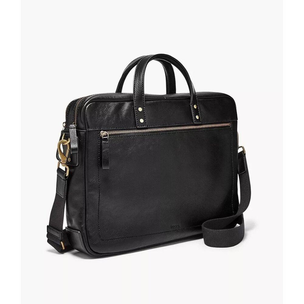 Fossil Men's Haskell Black Leather Briefcase 16.5" X 4" X 12.5"